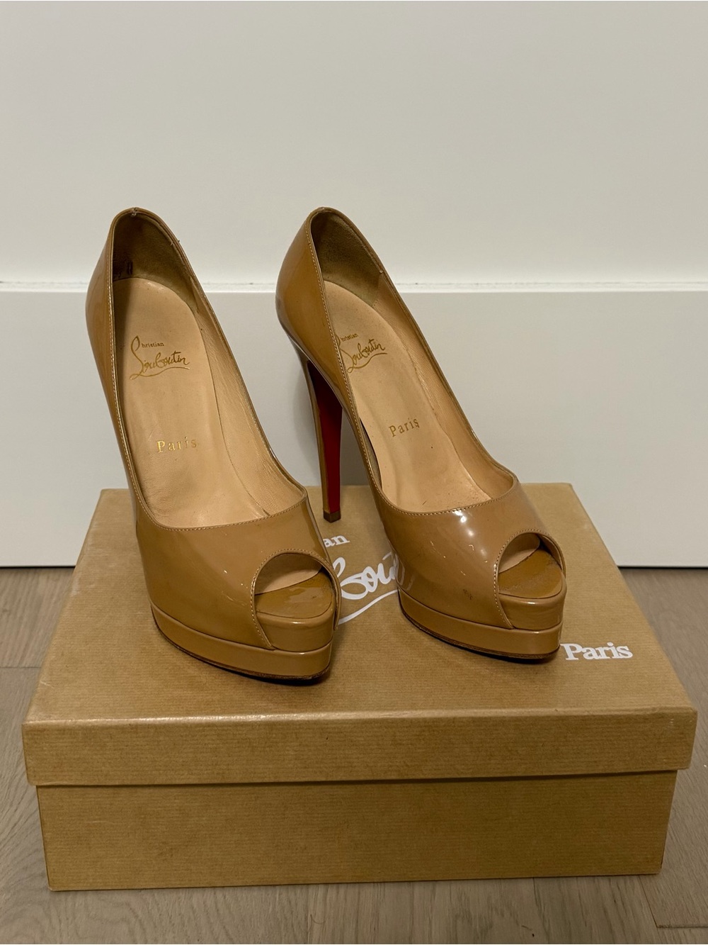 Christian Louboutin Tan Patent Peep-Toe Platform Pumps with Red Sole